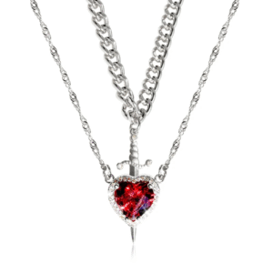 Heart & Dagger Couple Necklace – Sparkling Red Stone Pendant for Lovers - Image 2