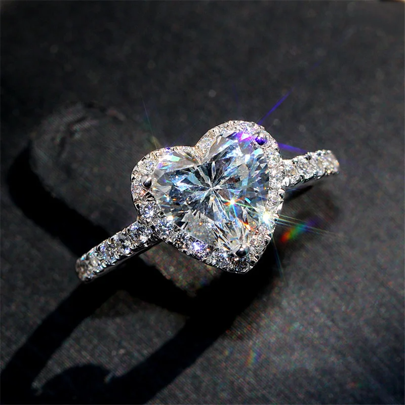 Diamond Silver Heart Crystal Adjustable Ring