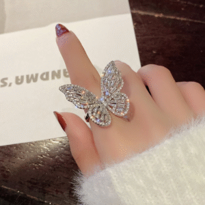 “Luxury butterfly crystal ring for women – adjustable statement silver ring with shining crystals”
