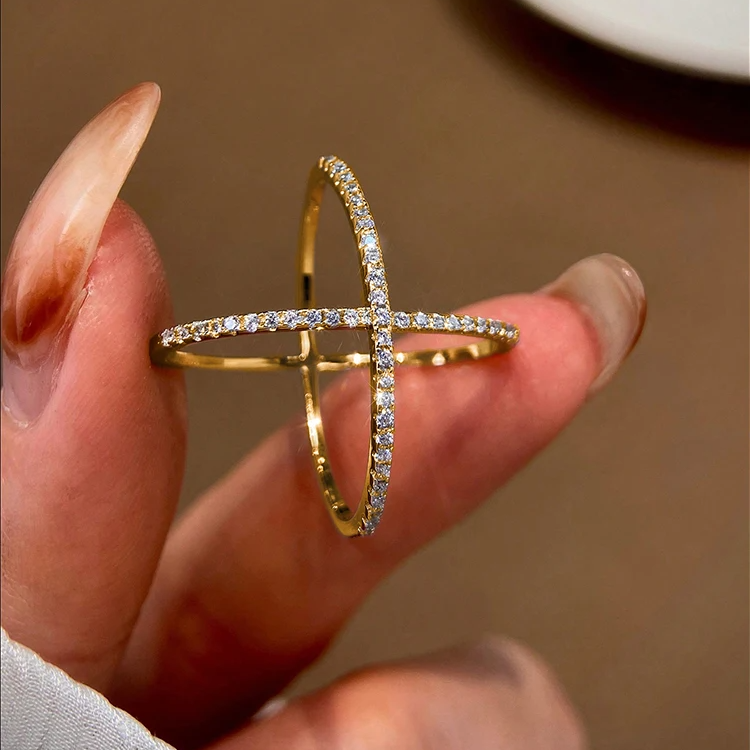 Elegant Gold Cross Ring – Dainty CZ Crystal Band for Women