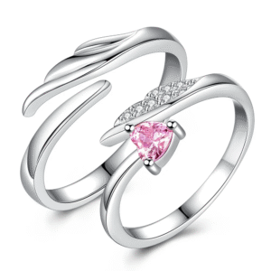 Stylish Dual Silver Couple Rings with Pink Stone - Image 3