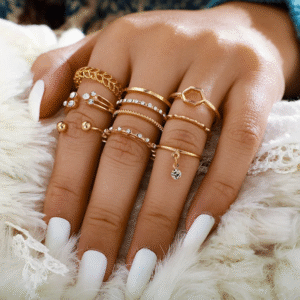 8-Piece Gold Plated Ring Set for Women – Heart Shaped, Crystal Accent, Adjustable Fashion Rings Jewelry"