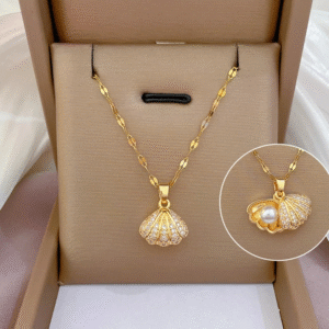 Shell Pearl Necklace with Stainless Steel Chain for Women & Girls Cubic Zircon - Image 18