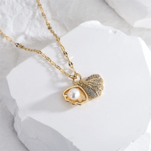 Shell Pearl Necklace with Stainless Steel Chain for Women & Girls Cubic Zircon - Image 10