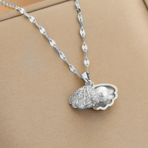 Shell Pearl Necklace with Stainless Steel Chain for Women & Girls Cubic Zircon