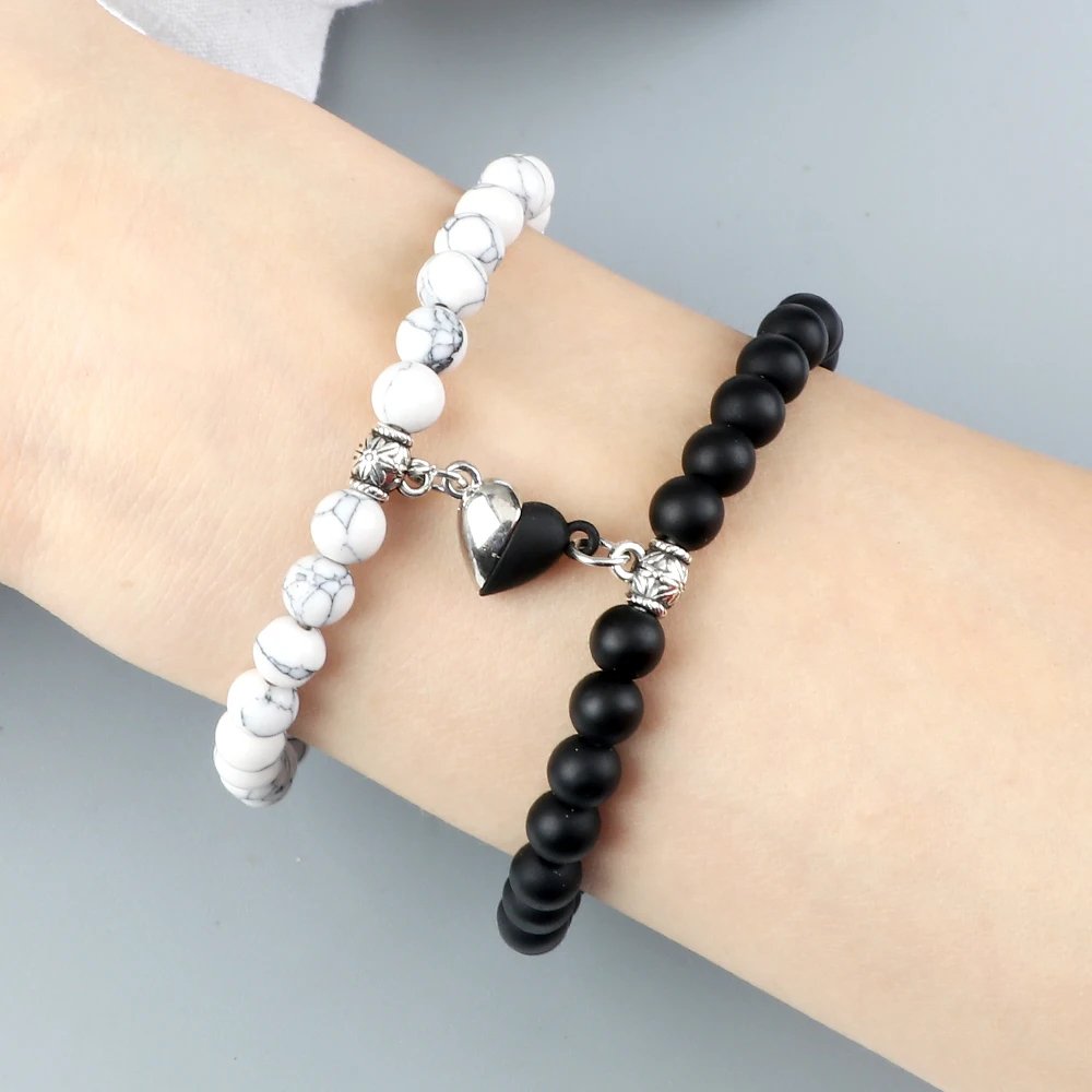 2Pcs Magnetic Couple Bracelets – Black Onyx & White Porcelain Beads with Silver Accents | Adjustable Matching Jewelry Gift