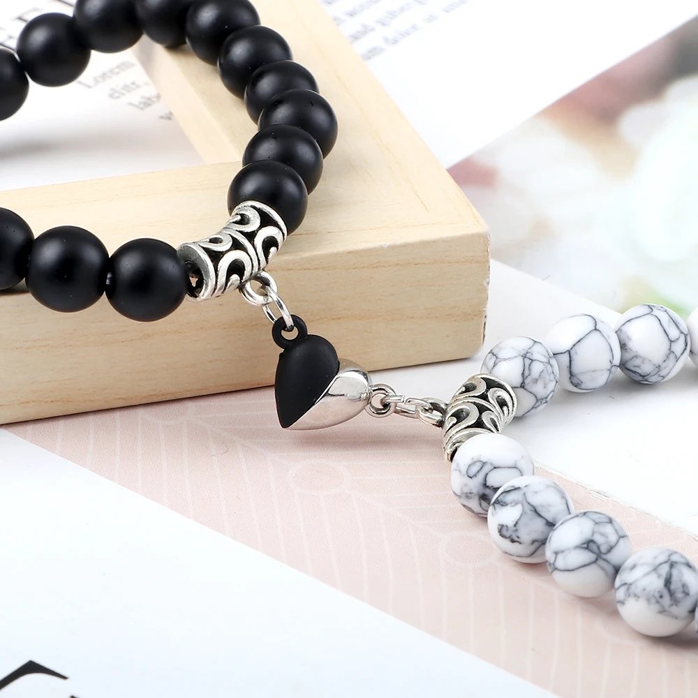2Pcs Magnetic Couple Bracelets – Black Onyx & White Porcelain Beads with Silver Accents | Adjustable Matching Jewelry Gift - Image 3