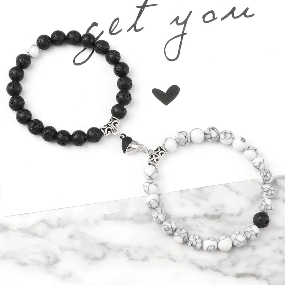 2Pcs Magnetic Couple Bracelets – Black Onyx & White Porcelain Beads with Silver Accents | Adjustable Matching Jewelry Gift - Image 5